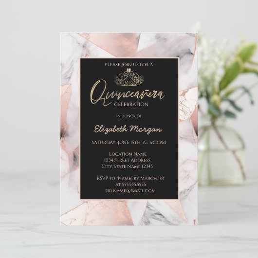 エレガント金ゴールドティアラ、バラ金ゴールド幾何大理石 招待状 (スタンド正面)