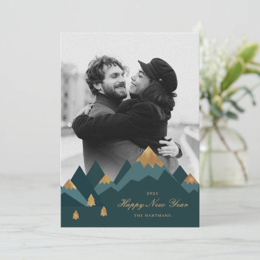 エレガント金ゴールドティール（緑がかった色）マウンテンズ写真新年 シーズンカード (スタンド正面)