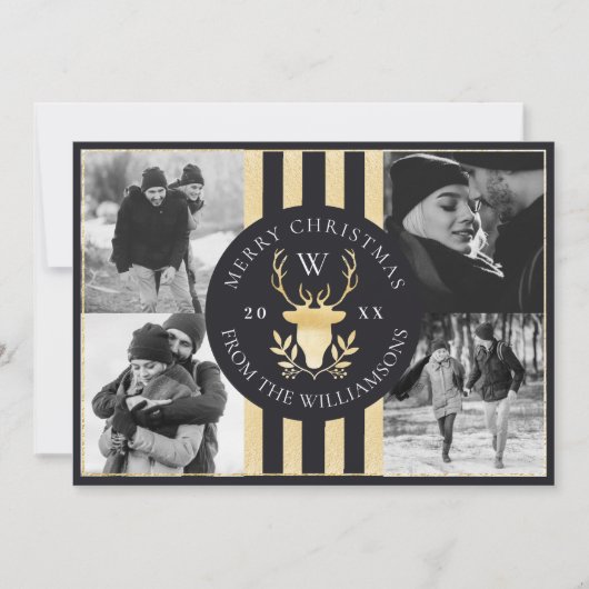 エレガント金ゴールドトナカイモノグラム結婚クレストの写真 シーズンカード (正面)