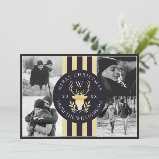 エレガント金ゴールドトナカイモノグラム結婚クレストの写真 シーズンカード (スタンド正面)