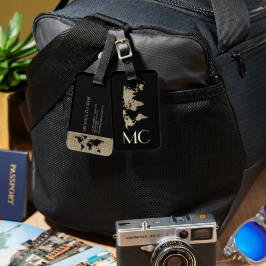 エレガント金ゴールドトラベル世界のマップモノグラムの名 ラゲッジタグ (正面&裏面)