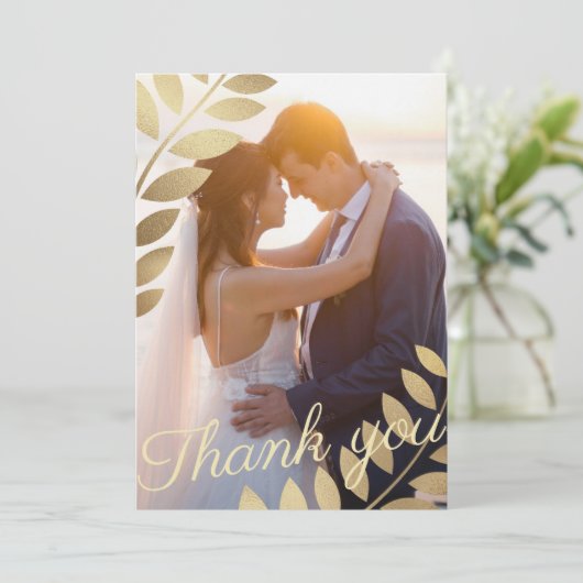 エレガント金ゴールドトロピ葉カル写真結婚の サンキューカード (スタンド正面)