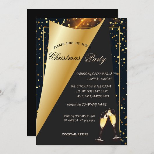 エレガント金ゴールドドット会社クリスマスパーティー 招待状 (正面/裏面)