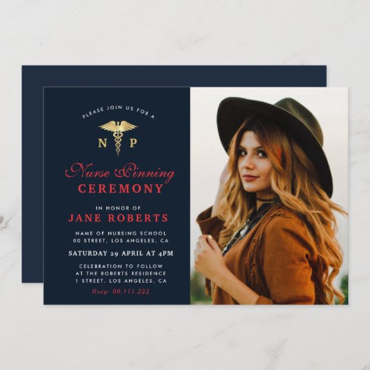 エレガント金ゴールドナースピン留め式 招待状 (正面/裏面)