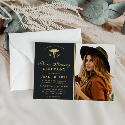 エレガント金ゴールドナースピン留め記念写真 招待状