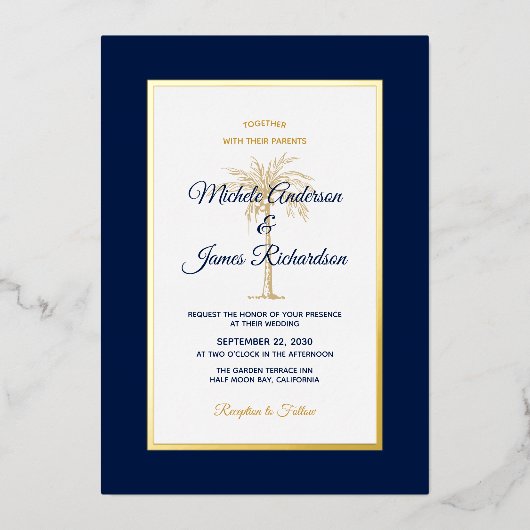 エレガント金ゴールドネイビーブルーパームツリートロピカル結婚ズ 箔招待状 (正面)