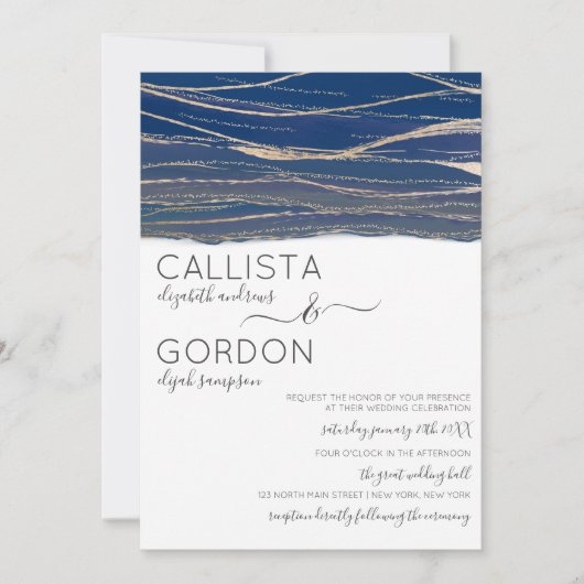 エレガント金ゴールドネイビーブルービーウォーターカラー結婚ズ 招待状 (正面)