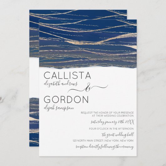 エレガント金ゴールドネイビーブルービーウォーターカラー結婚ズ 招待状 (正面/裏面)