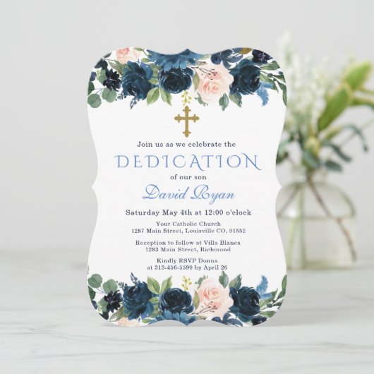 エレガント金ゴールドネイビーブルーピンクフローラ献身 招待状 (スタンド正面)