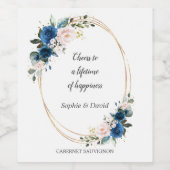 エレガント金ゴールドネイビーブルーピンク花開花結婚ズ ワインラベル (シングルラベル)