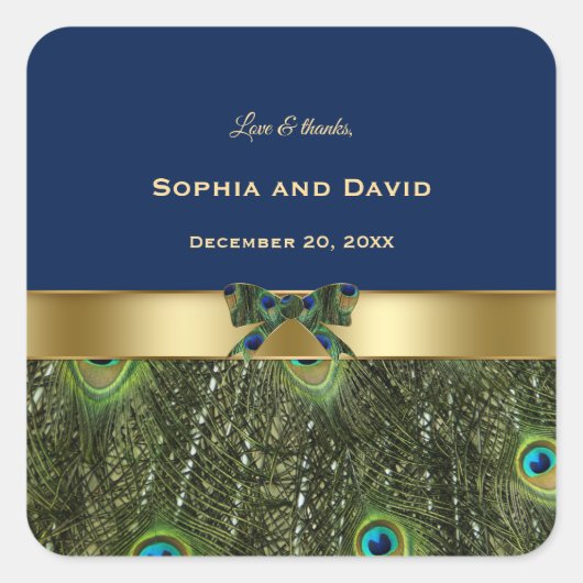 エレガント金ゴールドネイビーブルーピーコックフェザー結婚ズ スクエアシール (正面)