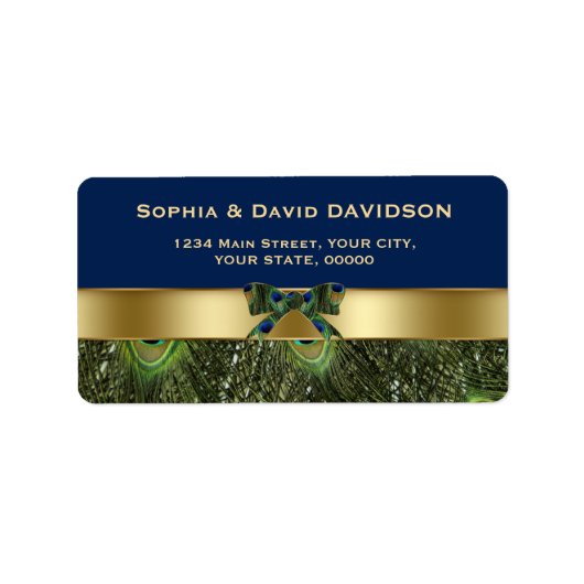 エレガント金ゴールドネイビーブルーピーコックフェザー結婚ズ ラベル (正面)