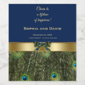 エレガント金ゴールドネイビーブルーピーコックフェザー結婚ズ ワインラベル (シングルラベル)