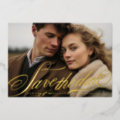 エレガント金ゴールドネイビーブルー書道QRコード写真 箔招待状 (正面)