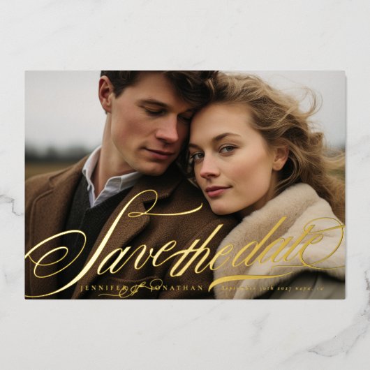 エレガント金ゴールドネイビーブルー書道QRコード写真 箔招待状 (正面)