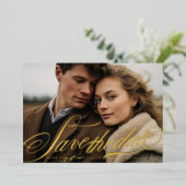 エレガント金ゴールドネイビーブルー書道QRコード写真 箔招待状 (立ち正面)