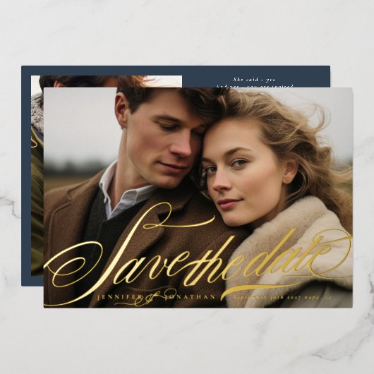 エレガント金ゴールドネイビーブルー書道QRコード写真 箔招待状 (正面/裏面)