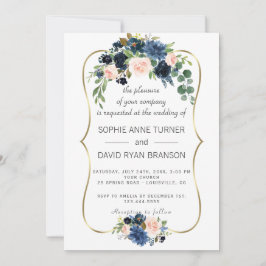 エレガント金ゴールドネイビーブルー赤面フラワーズ結婚開花 招待状