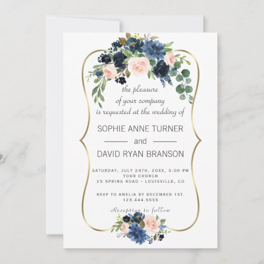 エレガント金ゴールドネイビーブルー赤面フラワーズ結婚開花 招待状 (正面)