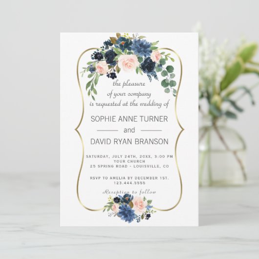 エレガント金ゴールドネイビーブルー赤面フラワーズ結婚開花 招待状 (スタンド正面)