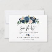 エレガント金ゴールドネイビーブルー赤面花手書き セーブザデート (正面)