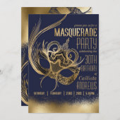 エレガント金ゴールドネイビー仮装マスク誕生日パーティー 招待状 (正面/裏面)