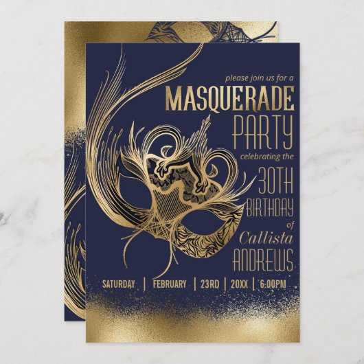 エレガント金ゴールドネイビー仮装マスク誕生日パーティー 招待状 (正面/裏面)