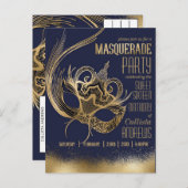 エレガント金ゴールドネイビー仮装マスクSweet sixteen インビテーションポストカード (正面/裏面)