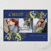 エレガント金ゴールドネイビー結婚したブルー&ブライト写真 箔シーズンカード (正面)