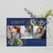 エレガント金ゴールドネイビー結婚したブルー&ブライト写真 箔シーズンカード (立ち正面)