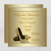 エレガント金ゴールドハイヒール女性金ゴールド50誕生日 招待状 (正面/裏面)