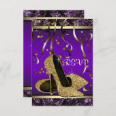 エレガント金ゴールドハイヒール紫と金ゴールドRSVP 出欠カード (正面/裏面)