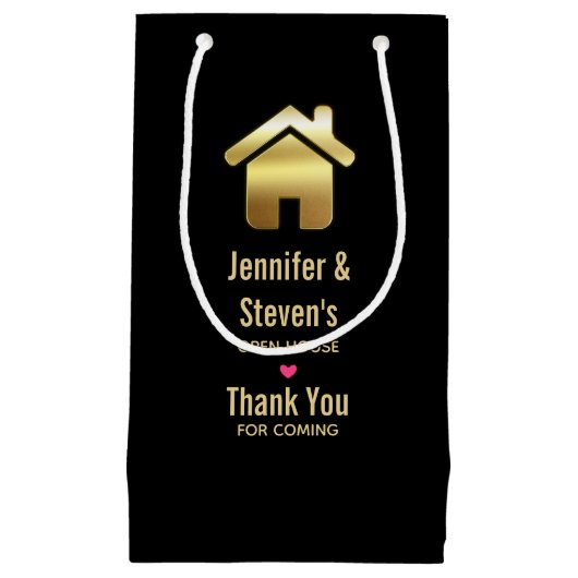 エレガント金ゴールドハウスシンボル引っ越し祝いパーティーありがとう スモールペーパーバッグ (正面)
