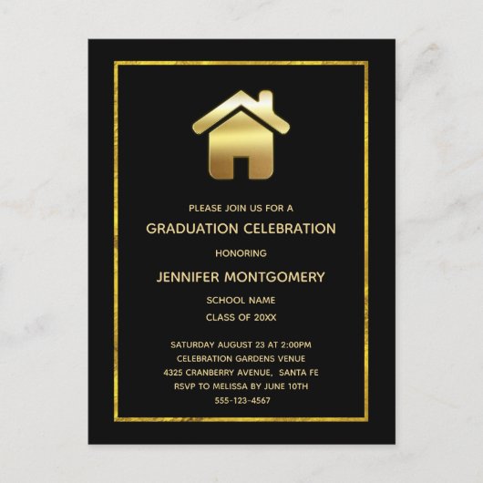 エレガント金ゴールドハウスシ実在ンボルエステート卒業 インビテーションポストカード (正面)