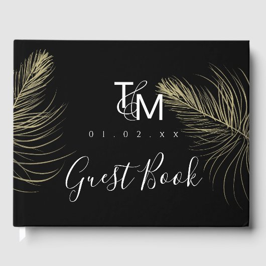 エレガント金ゴールドハンドドロー羽毛シック結婚ズ ゲストブック (正面)
