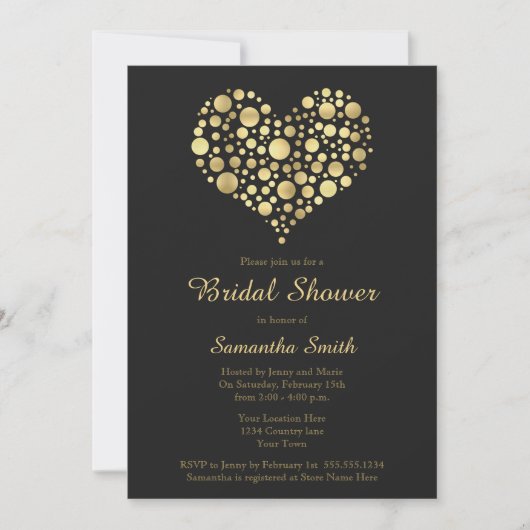 エレガント金ゴールドハートオンダスティーブラックブライダルシャワー 招待状 (正面)