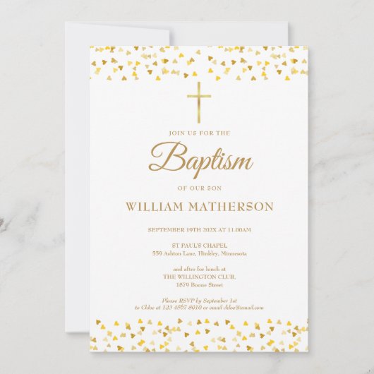 エレガント金ゴールドハート洗礼《キリスト教》洗礼式や命名式  招待状 (正面)