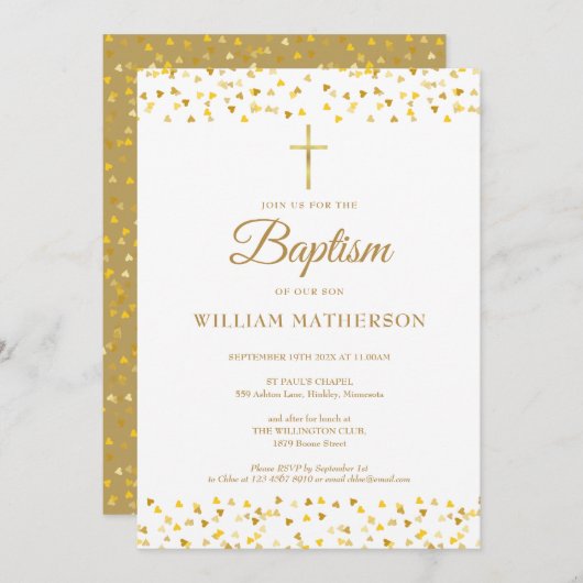 エレガント金ゴールドハート洗礼《キリスト教》洗礼式や命名式  招待状 (正面/裏面)