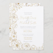 エレガント金ゴールドバラフローララインアート 招待状 (正面/裏面)