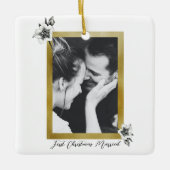 エレガント金ゴールドバラ初めてのクリスマス結婚した写真 セラミックオーナメント (正面)