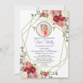 エレガント金ゴールドバラ赤面写真First Communion 招待状 (正面)
