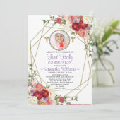 エレガント金ゴールドバラ赤面写真First Communion 招待状 (スタンド正面)