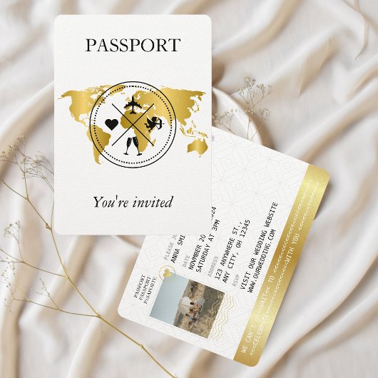 エレガント金ゴールドパスポート宛先ウェディングフォト 招待状