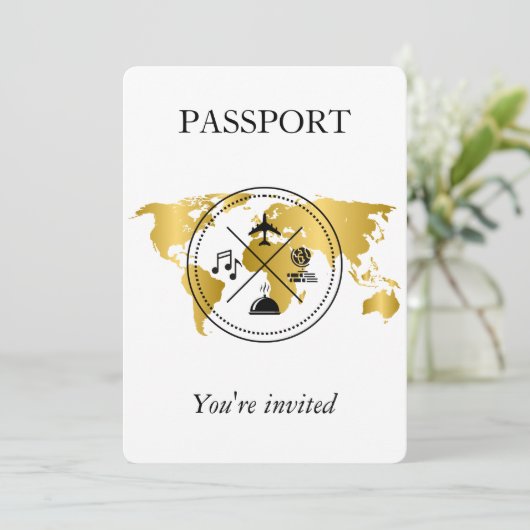 エレガント金ゴールドパスポート宛先誕生日写真 招待状 (スタンド正面)