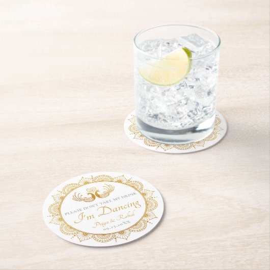 エレガント金ゴールドパターンインディアン結婚 ラウンドペーパーコースター (インサイチュ)