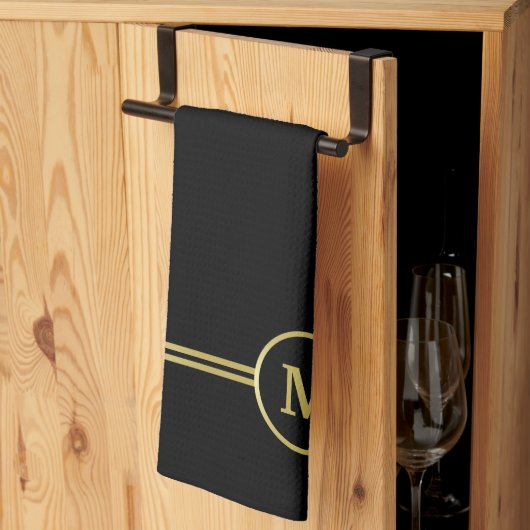 エレガント金ゴールドパーソナライズされたモノグラムオンブラック キッチンタオル (三つ折り)