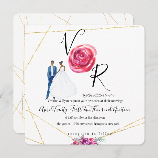 エレガント金ゴールドパープルフローラ結婚式招待状 招待状 (正面/裏面)