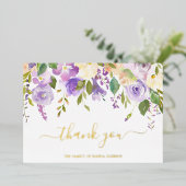エレガント金ゴールドパープルフローラ葬儀サンキューカード 箔招待状 (立ち正面)