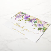 エレガント金ゴールドパープルフローラ葬儀サンキューカード 箔招待状 (回転した状態)
