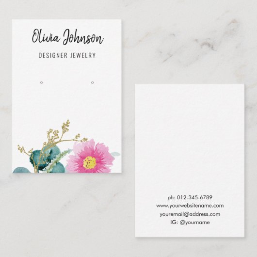 エレガント金ゴールドピンクフローラジュエリーイヤリングディスプレイ 名刺 (正面/裏面)